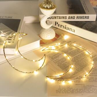 1 pieza Anillo de hierro en forma de luna (Guirnalda de luces para interiores), Luz decorativa romántica para dormitorio, Luz para ambiente de fiesta de estilo oriental, Luz decorativa de ambiente, Dormitorio, Sala de estar, Hogar, Suministros para fiestas, Decoración de fiestas, Funciona con pilas (Pilas no incluidas)