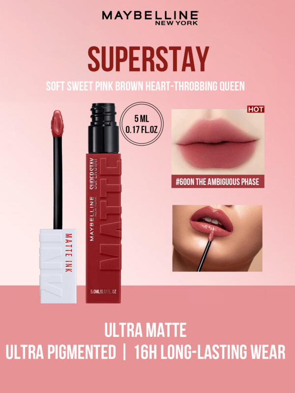 SUPERSTAY Ultra-Matte Liquid Lipstick #600N, 5ml/0.17 Fl Oz, Best-Selling Shade, Ultra-High Pigmentation, Long-Lasting Up To 16 Hours, Velvety Matte Finish, Smooth & Comfortable Texture, Perfect Lip Definition, Full Coverage, Subtle Vanilla Scent, Easy Application, Ideal For Beginners, Students, Office Workers, And Daily Makeup, Also Suitable For Dates, Parties, And Special Occasions, Makes A Great Gift For Friends And Girlfriends