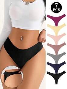7 piezas/paquete Pantis de mujer de algodón acanalado multicolor, tangas simples y cómodas sin costuras de unicolor y sexy - Multicolor - Ver 4