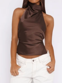 Women's Halter Neck Satin Tops Sleeveless Backless Solid Color Slim Fit Tops Summer Shirts - Coffee Brown - View 3