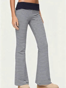 Womens Foldover Pants - Ultra Soft Stratum Tech Performance Striped Elastic Mid Rise Wide Leg Casual Lounge Yoga Pants - Dark Blue - View 2