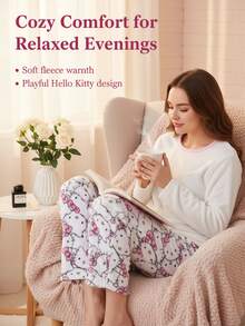 SANRIO Flannel Cartoon Pajamas, Thickened Fleece, Autumn/Winter Anime Print Women's Pants, Couple Lounge Pants, Casual Homewear, Suitable For Family Relaxation, Sleep Or Rest, Holiday Gift, Birthday Gift, Back To School Gift, New Year Gift - White - View 6