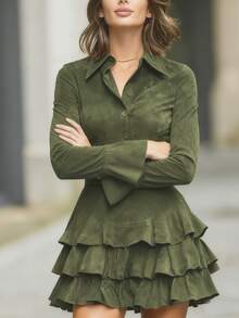 elfnokto Đầm sơ mi dài tay màu trơn bằng da lộn, viền bèo nhún, kiểu dáng thanh lịch dành cho nữ. - xanh quân đội - Xem 4