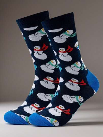 1 Pair Men's Casual Socks Creative Snowman Pattern Novelty Fun Mid-Leg Socks Breathable Comfortable Perfect Gift