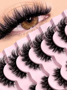 7 Paar Eid Groinneya flauschige Kunstfell Katzenaugen Wimpern, lange & dicke Kunstwimpern, Make-up Werkzeuge