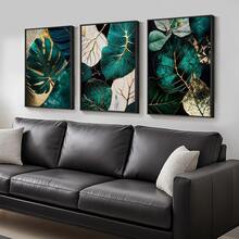 3pcs/Set Unframed Modern Abstract Green&Gold Leaf Canvas Poster, Creative Plant Wall Art, Aesthetic Room Decor, Artwork Wall Painting For Gift, Wall Picture For Living Room, Bedroom, Corridor, Office, Dining Room, Home And Dormitory Decoration - Multicolor - View 4