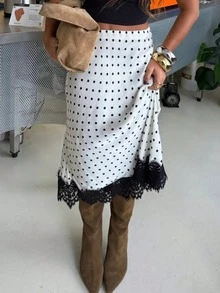 HUACAITA 复古缎面波点撞色蕾丝撞色优雅时尚百搭女裙