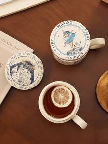 1 Set High-Quality Cartoon Mug With Lid, Retro Fairy Tale Ceramic Cup, Dust-Proof Lid With Handle, Suitable For Desserts, Coffee, Beverages, Romantic Couple Gift, Home, Restaurant, Cafe, Party - Multicolor - View 7