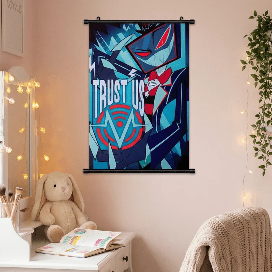 40x60cm Vox Wall Scroll Poster – "Trust Us" Voxtek Logo Art Print, Haz-Bin Hotel Universe Merchandise, Neon Cyberpunk Fabric Hanging Banner, Ideal Gift For Hazbin Fans & Anime Enthusiasts,Theme Hotel Display - Multicolor - View 1
