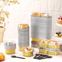 100 piezas Mini moldes para pan de papel de aluminio con tapas 6,8 oz 6,5x2,6x2 pulgadas tazas rectangulares desechables para hornear - Celeste - Ver 9
