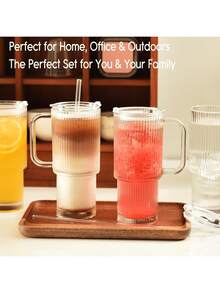 1pc Textured Glass Cups With Handles, Lids & Straws, Large Capacity Heat & Cold Resistant Mugs, Stylish Travel Drinkware For Iced Coffee/Smoothies/Tea/Soda/Juice - Multicolor - View 2