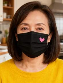 10/20/30pcs Set Cute Pink Heart Print Face Masks - Elastic Breathable Black Masks, Suitable For Women & Teens, Washable, Fashionable Daily Accessory, Interesting Design, Comfortable To Wear,Valentine's Day Costume