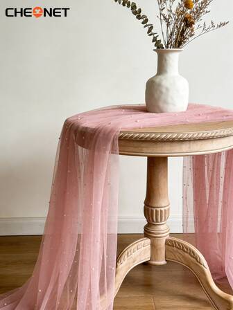 CHEONET-Elegant White Pearl Tulle Table Runner - Lightweight Chiffon Beaded Bridal Veil With Lace Overlay, Perfect For Wedding Receptions & Bridal Showers