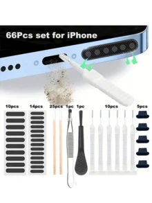 66pcs Universal Mobile Phone Speaker Port Cleaning Tool Kit, Suitable For IPhone And Other Phones, Includes 25 Cotton Swabs, 1 Soft Bristle Brush, 24 Phone Speaker Air Filters, 5 Dust Plugs And 1 Tweezers, Compatible With Type-C/Lightning Charging Ports