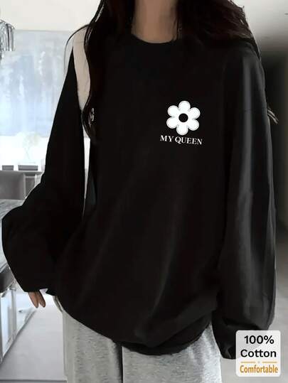 女士黑色花卉印花宽松长袖T恤