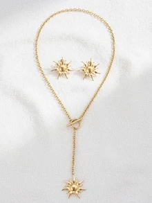 Stainless Steel Sunflower Jewelry Set Warm Gold Star Details Y-Shaped Hot Girl Version Music Festival/Street Shooting Scene Retro Niche Design Does Not Bump Accessories.