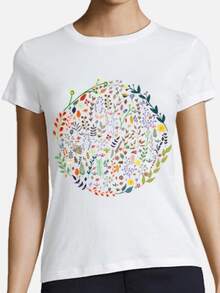 Camiseta de mujer con cuello redondo estampado floral multicolor diseño casual 100% algodón 220 gramos estilo moderno con estampado digital 1 unidad de alta calidad para uso diario y combinaciones versátiles - Blanco - Ver 1