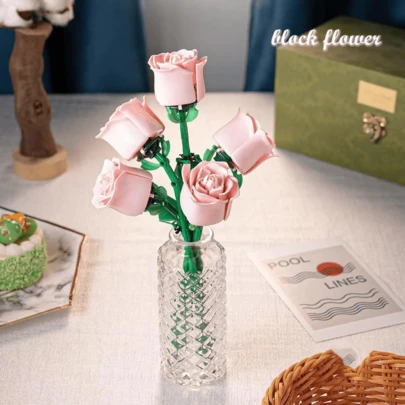1pc/3pcs Assembled Building Block Simulated Rose Flower, Blue Rose, Red Rose, Pink Rose, Building Block Flower, Everlasting Flower Indoor Decor, Bedroom Decor, Desktop Decor, Suitable For Valentine's Day, Christmas, New Year (Vase Not Included)