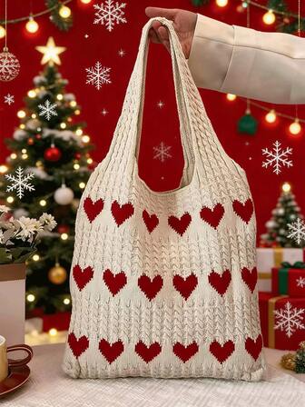 Höst/vintermode stickad hjärtformad handväska - Axelväska i söt stil, unik tygväska, elegant shoppingväska, idealisk alla hjärtans dag-present, lätt, hopfällbar, stor kapacitet, trendig axelväska, nyårshandväska