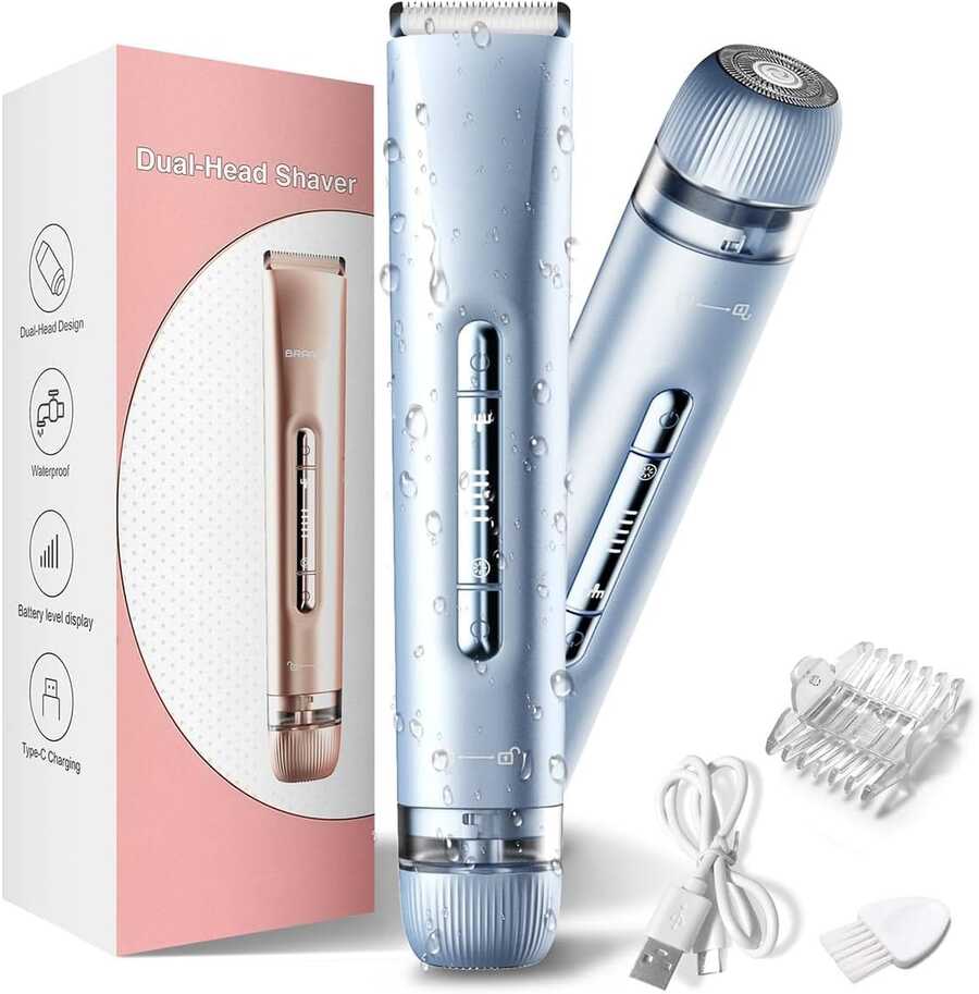 Electric Shaver For Women, 2-In-1 Electric Razor For Womens Legs Underarm Face Pubic Hairs, Rechargeable Electric Razor Body Hair Trimmer Wet & Dry Use - Xanh đậm - Xem 1
