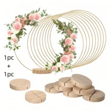 2/10pcs Gold Metal Wreath Center Decor Set, Includes 1/5pcs Wooden Stand And 1/5pcs Gold Metal Wreath Center Decor - Ideal For Wedding Decoration, Home Decor, Room Decor, Birthday Decoration And Party Supplies - Gold - View 9