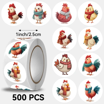500 miếng/cuộn sticker hình gà trống hoạt hình, nhiều kiểu dáng khác nhau, rất thích hợp để làm quà tặng nhỏ. Chúc mừng năm mới, 8-10 mẫu, có thể dùng để trang trí quà tặng nhỏ, túi quà, cốc, văn phòng phẩm và các sản phẩm khác.
