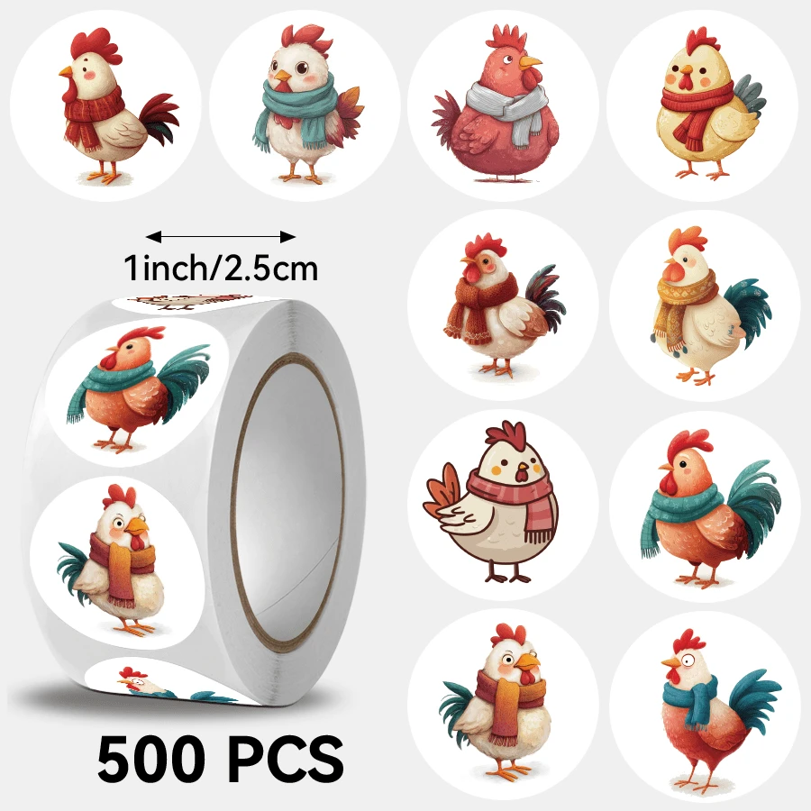 500pcs/Roll Cartoon Rooster Stickers, Assorted Designs, Ideal Small Gift, Happy Father's Day, 8-10 Patterns, Suitable For Gift Packaging, Cup Decoration, Stationery Decoration And More - Multicolor-b - View 1