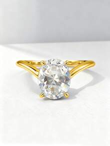 1pc 925 Sterling Silver Elegant Precise V-Shaped 4-Claw 3 Carat Oval Cubic Zirconia Ring, Women's Date Night Gift, Timeless Classic Ring, Luxury Jewelry Gift For Valentine's Day - Gold - View 12