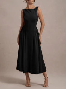 一件优雅纯色针织面料拉链露背褶皱连衣裙，适合女性，适合婚礼、春夏穿着，黑色。 - 黑色 - 查看 3
