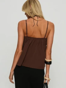 Women's Ruffle Trim Camisole Sleeveless Adjustable Spaghetti Strap V Neck Lace Patchwork Going Out Party Tank Top - nâu sẫm - Xem 4
