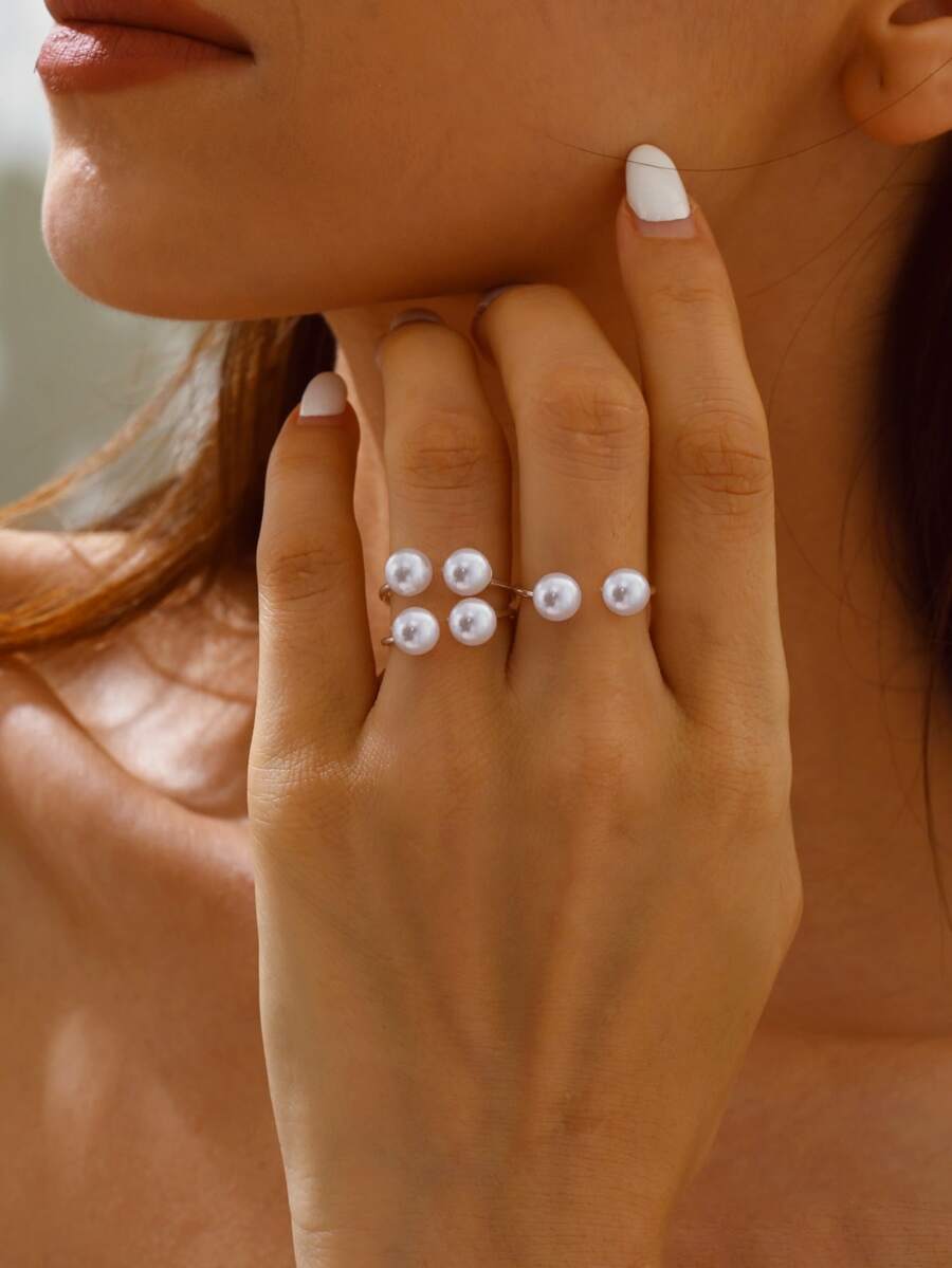 3pcs Zirconia Ring Set For Women, Adjustable Open Design, Suitable For Daily, Party, And Date Wear - White - View 1