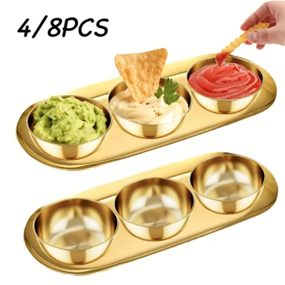 4/8pcs Luxury Gold Sauce Bowl & Plate Set, High-Quality Stainless Steel Condiment Dishes & Dessert Plates, Elegant Tableware, Suitable For Christmas/New Year/Wedding/Mother's Day/Party