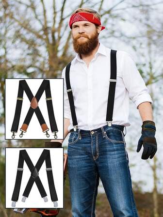 加大码男士可调节X型背带，适合日常穿着和派对，高强度弹力带配4个结实夹扣 - 复古英伦风防滑裤带，休闲涤纶针织背带，是秋冬季服装搭配、婚礼、派对、万圣节的理想礼物，适合青少年、年轻男士，休闲、户外、运动、度假、毕业典礼、生日、日常穿着。