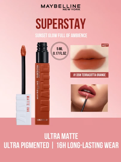 Son lì dạng lỏng SUPERSTAY Ultra-Matte #135N màu Cam Đất, 5ml/0.17 fl oz, màu bán chạy nhất, độ lên màu cực cao, bền màu đến 16 tiếng, lớp son lì mịn màng, chất son mềm mượt, định hình môi hoàn hảo, độ che phủ cao, hương vani nhẹ nhàng, dễ thoa, lý tưởng cho người mới bắt đầu, học sinh, nhân viên văn phòng, trang điểm hàng ngày, hẹn hò, dự tiệc và các dịp đặc biệt, món quà hoàn hảo cho bạn bè và người yêu.