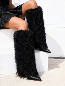 Y2K Style EdgyElongate Women's Winter Furry Snow Boots Women's Knee High Boots Faux Fur Shoes Pointy Toe Chunky Heel Cowboy Fashion Warm Fluffy Shoes - 黑色 - 查看 5
