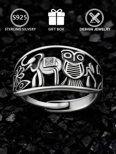 1pc S925 Sterling Silver Women's Fashion Ring, Unique Animal Elephant, Owl, Flower Elegant Design, Suitable For Daily Wear, Holiday Gift, Perfect Gift For Girlfriend Or Family, Gift Box