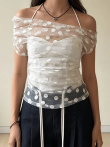 Womens Sheer Tops Off The Shoulder Short Sleeve Ruched See Through Slim Fit Polka Dots Print Elegant Blouses Y2k Tee Shirt - trắng - Xem 2