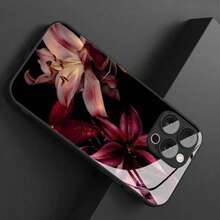 Elegant Red Lily Pattern Phone Case, Compatible With IPhone 17 Air 17 Pro Max 16 15 14 Plus 13 12 11 Pro Max X XS Max XR 7 8 Plus SE2 SE3 16e, Tempered Glass Material Retro Style Protective Cover - Black - View 3