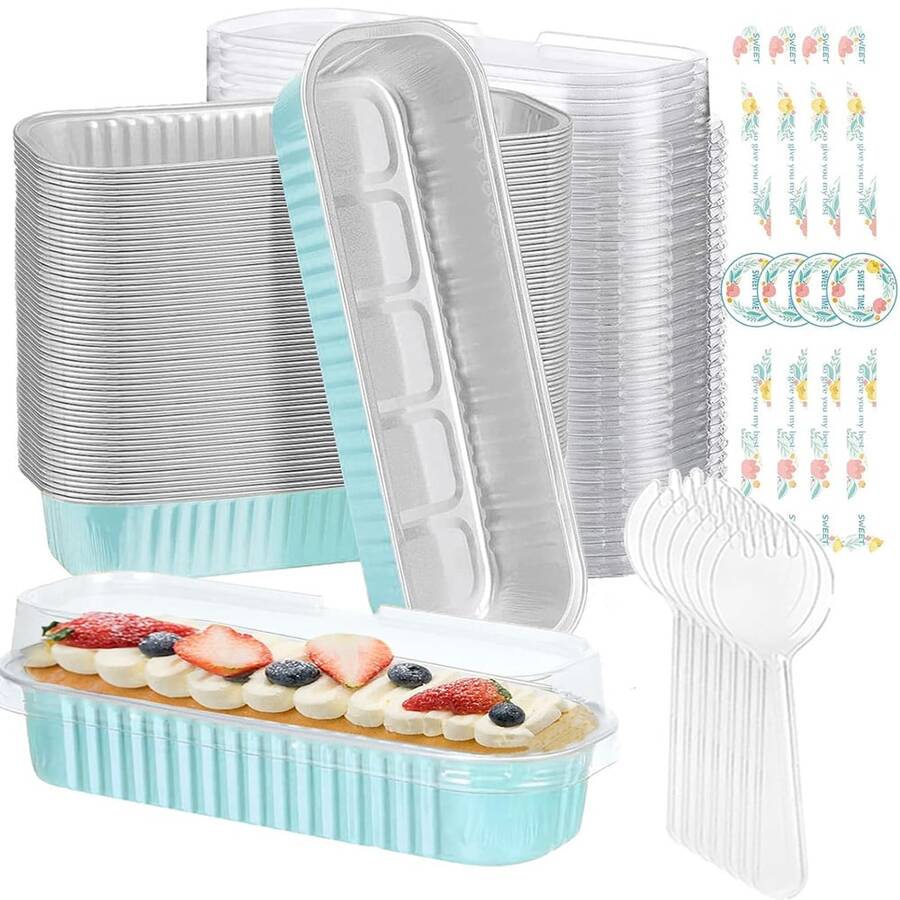 100 piezas Mini moldes para pan de papel de aluminio con tapas 6,8 oz 6,5x2,6x2 pulgadas tazas rectangulares desechables para hornear - Celeste - Ver 1