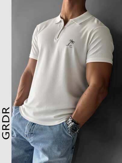 GRDR 一件半拉链领简约棕榈树印花短袖上衣，舒适百搭透气面料短袖衬衫