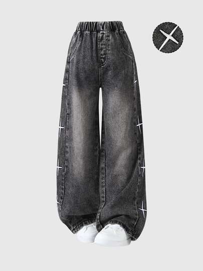 1 pieza Jeans rectos holgados con bolsillo, cintura elástica y bordado de cruz vintage en estilo casual de calle para niñas, adecuado para primavera, verano y otoño