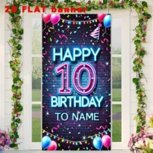 2D Door Banner, Customizable 10th Birthday Party Backdrop - Vibrant Neon-Style Balloon & Confetti Design, Personalized Name Door Banner, Polyester, Easy DIY Wall Decor For Festive Home Celebrations, Personalized Celebration|Neon Style Banner|Custom Party Accessory - 1 - View 6