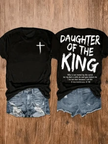 Camiseta de manga corta con cuello redondo, diseño de Jesucristo, talla grande, suave y casual para mujer, con estampado a doble cara, cómoda y de moda para el verano en color negro - Negro - Ver 3
