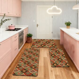 1/2/3 piezas Alfombras de cocina de estilo islámico bohemio, con vibrantes patrones florales y geométricos, adecuadas para sala de estar, dormitorio, cocina, comedor, entrada, baño, decoración del hogar, diseño antideslizante, para uso interior y exterior, se pueden usar como felpudos o alfombras decorativas.