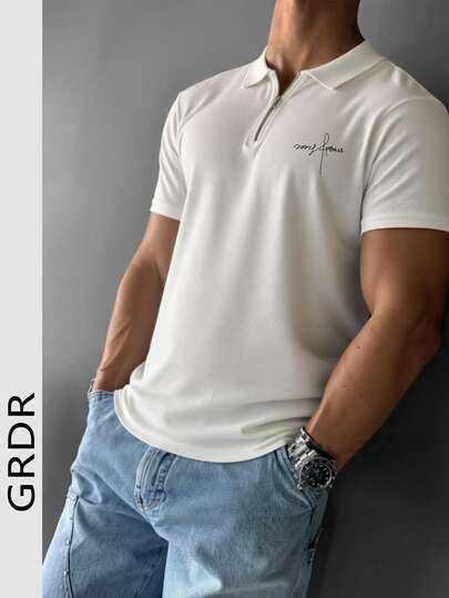 GRDR 1pc Half-Zip Collar Printed Short Sleeve Top, Comfortable Versatile Design, Breathable Fabric