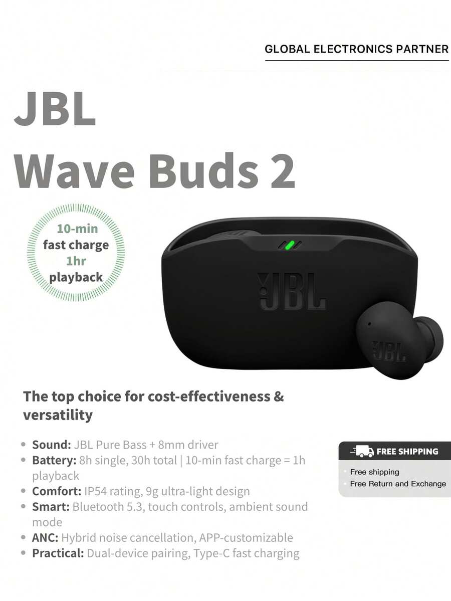 JBL Wave Buds 2- True Wireless Earbuds, Smart Ambient, VoiceAware, Up to 32 total hours of battery - 黑色 - 查看 1