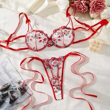 French Rose Embroidered Lace Lingerie Set, Soft Skin Breathable Mesh Bra And Panty, Delicate Straps Skin-Friendly And Comfortable - Red - View 1