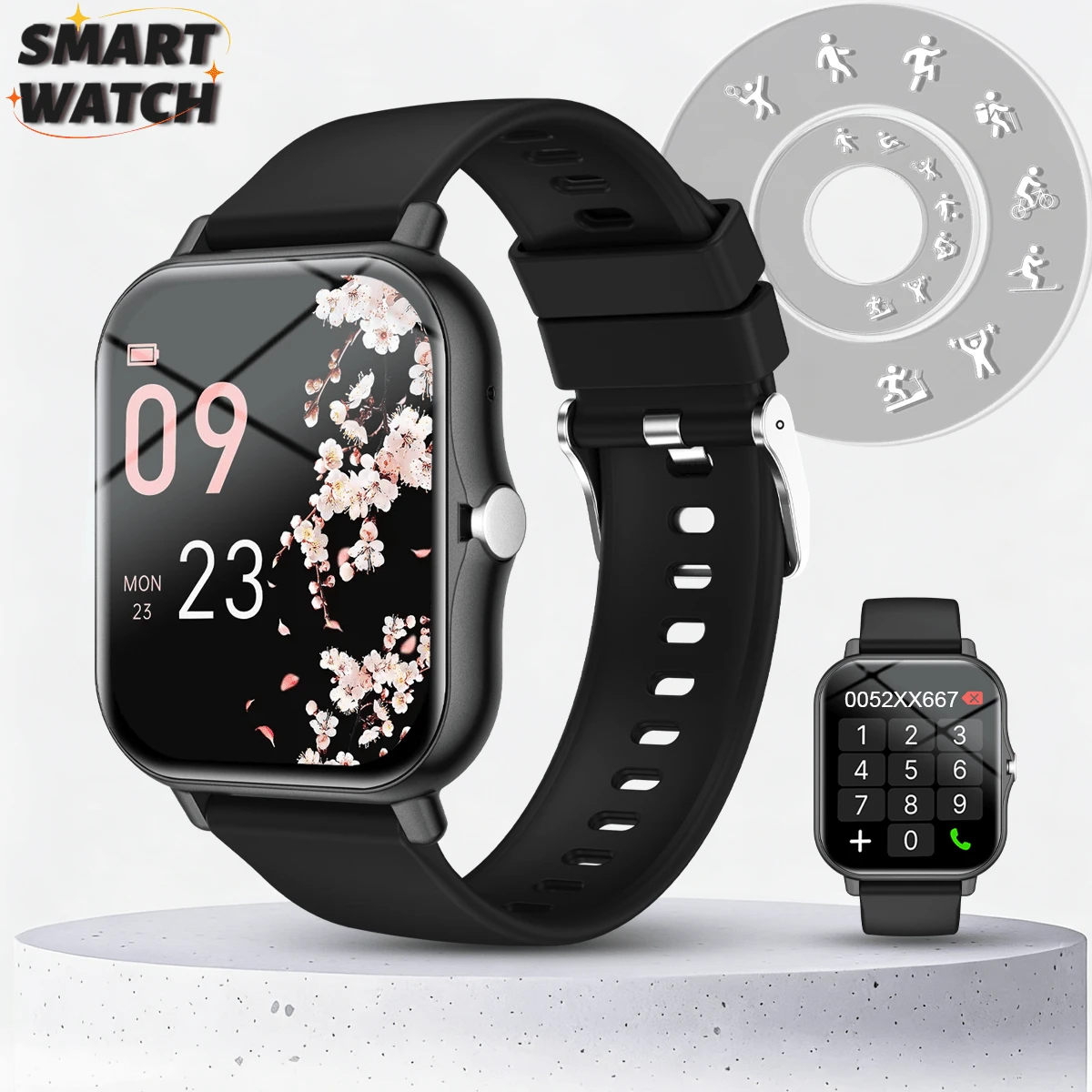 Reloj inteligente unisex con llamadas inalámbricas & alertas de mensajes, podómetro, seguimiento de calorías y distancia, modos multideporte, control de música, cámara remota, alarma, Body de PC & correa de silicona, batería de 180mAh, carga USB, reloj inteligente multifunción para smartphones, regalo de vacaciones - Multicolor - Ver 1
