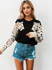 Women's Casual Knitted Tiger And Leopard Print Long-Sleeved Sweater Pullover - 黑色 - 查看 1