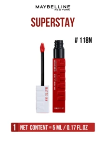 Maybelline SUPERSTAY 哑光墨水液体唇膏 #118N 火红番茄红，5毫升/0.17液体盎司。畅销色号，超高显色度，持久持妆长达16小时，浓郁哑光妆效，质地柔滑舒适，完美勾勒唇形，色彩饱满，淡淡香草味，易于涂抹，适合初学者、学生、上班族和日常妆容，也适合约会、派对和特殊场合，是送给朋友和女朋友的绝佳礼物。 - 美寶蓮巨持色 霧面液體唇膏 118N - 查看 6